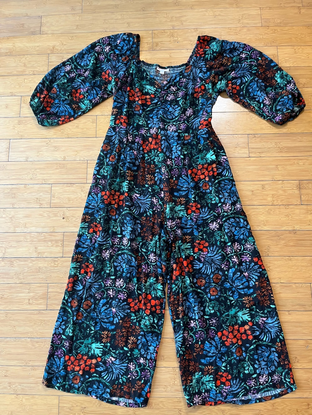 Knox Rose Black Botanical Print Boho 100% Rayon Wide-Leg Jumpsuit - Picture 3 of 15